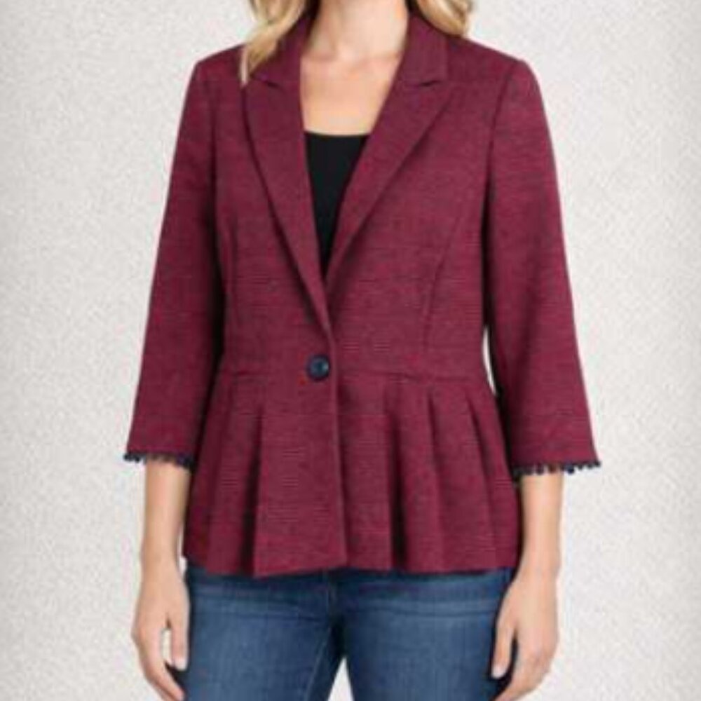 Anthropologie Tabitha Chandelier Textured Pleated Peplum Blazer Red Navy Sz S